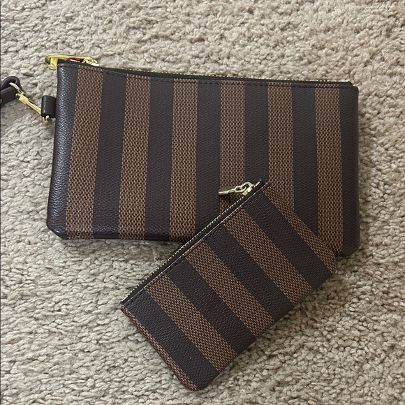 Striped Brown Wristlet and Clutch Set - Picture 1 of 2